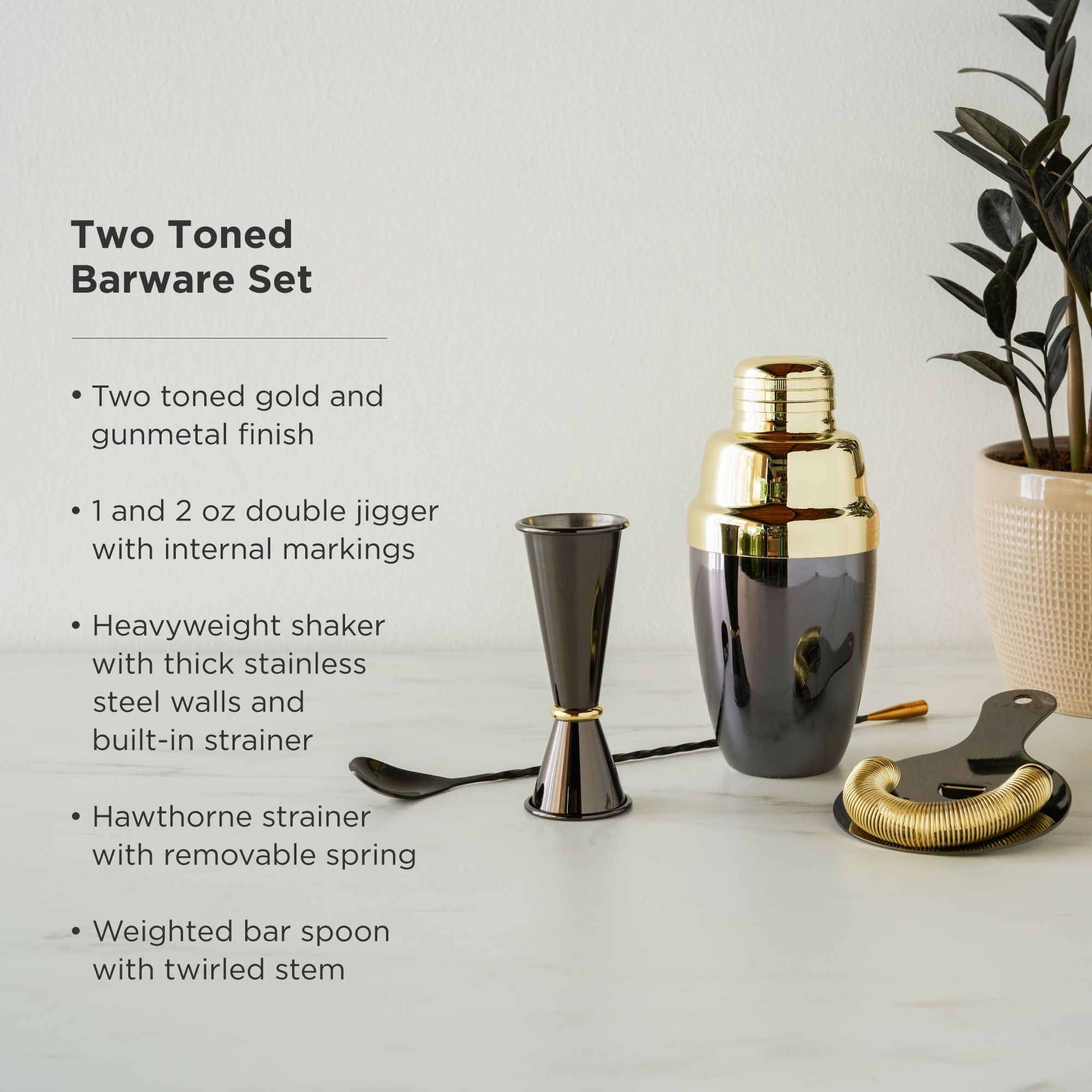4 - Piece Stainless Steel Barware Set in Black & Gold - dwellandremainViski