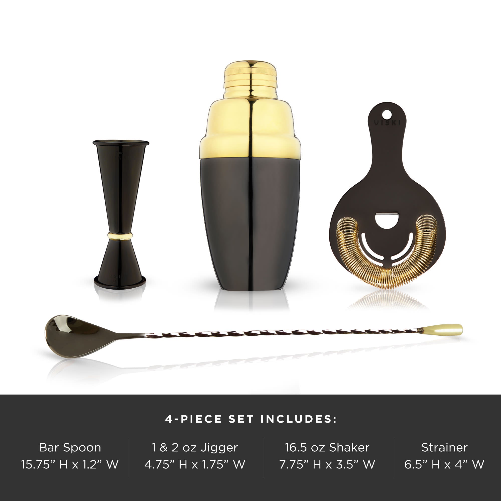 4 - Piece Stainless Steel Barware Set in Black & Gold - dwellandremainViski