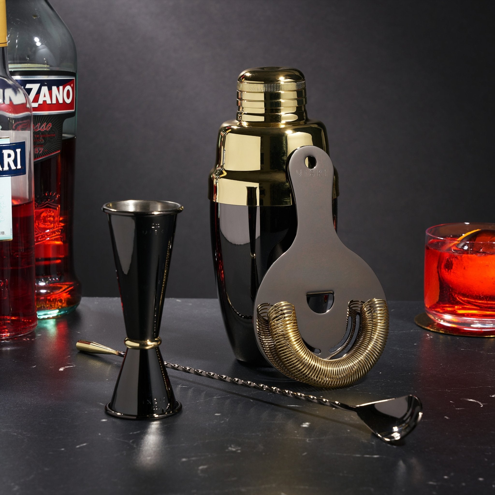 4 - Piece Stainless Steel Barware Set in Black & Gold - dwellandremainViski