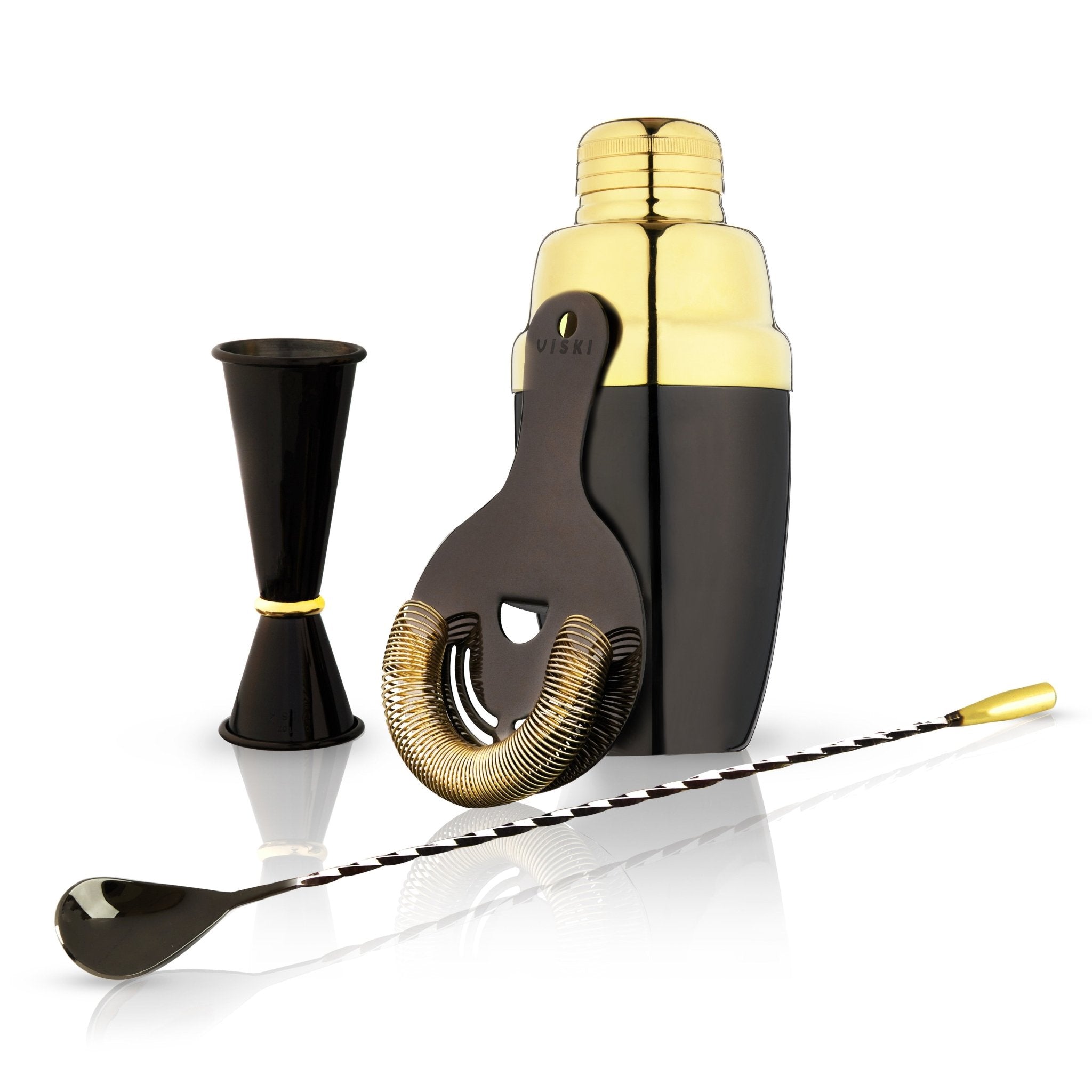 4 - Piece Stainless Steel Barware Set in Black & Gold - dwellandremainViski
