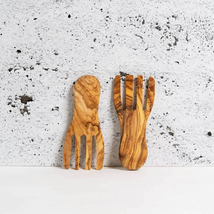 Olive Wood Salad Servers Flat Forks Set - dwellandremainGHARYAN Stoneware & More North America