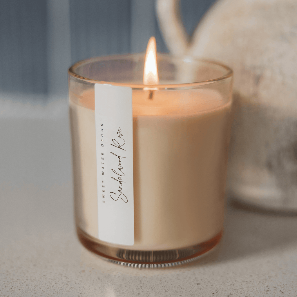 Sandalwood Rose Soy Candle - Tinted Glass Jar - 12 oz - Shop_nameSweet Water Decor