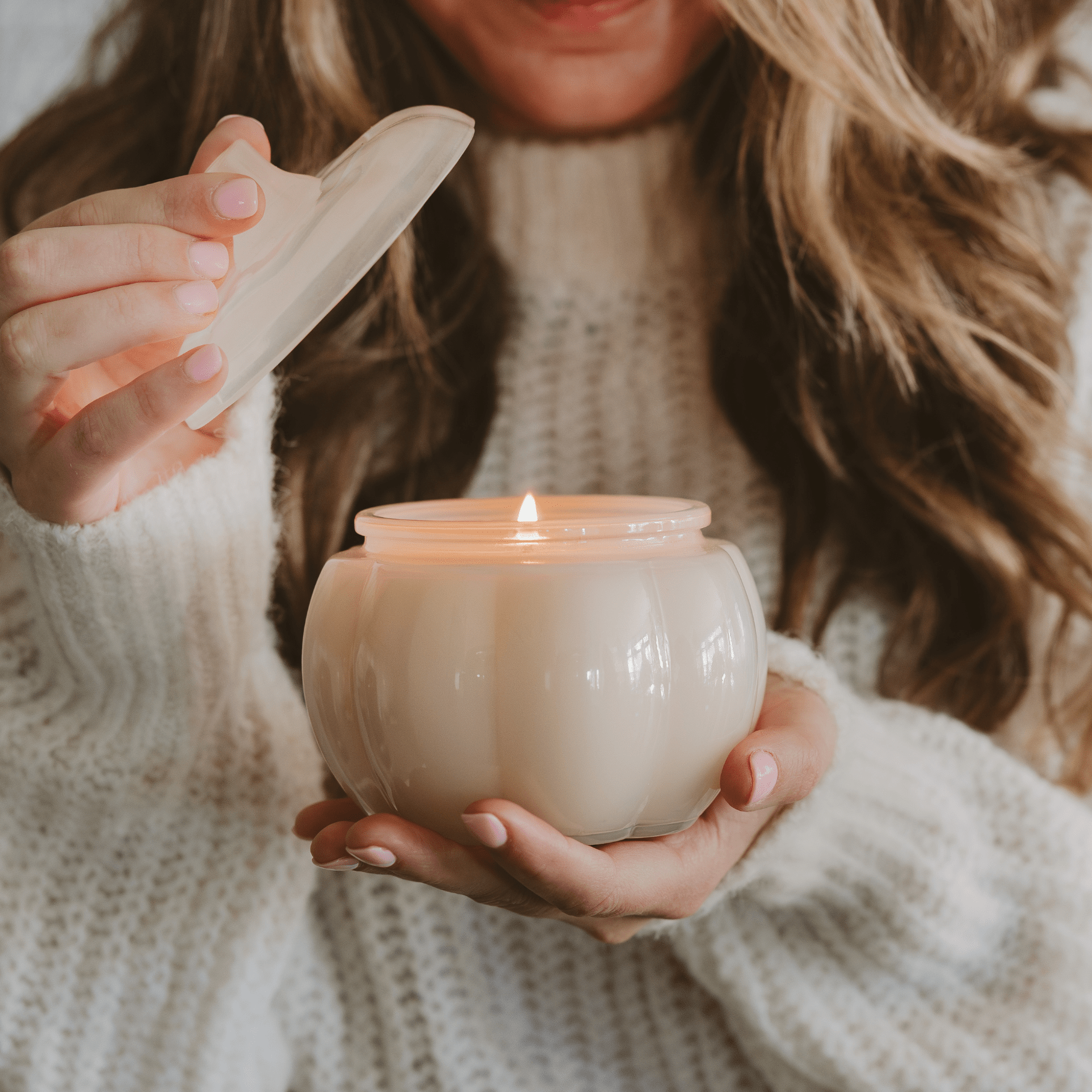 Warm and Cozy Soy Candle - White Translucent Glass Pumpkin Jar - 20 oz - Shop_nameSweet Water Decor